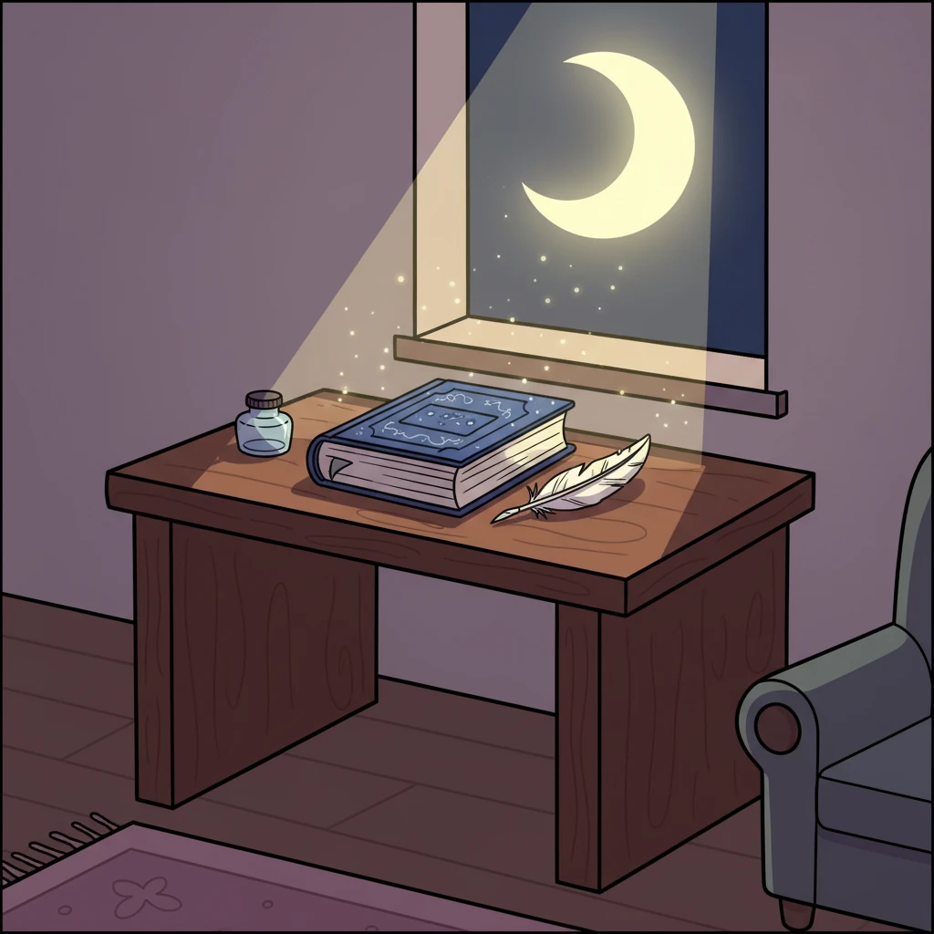 On the desk, a closed book rests peacefully, its ancient pages holding untold stories until morning's gentle light. A delicate quill lies beside it, quiet and still, waiting patiently for new thoughts or dreams. Everything in this room is at rest, in perfect harmony.