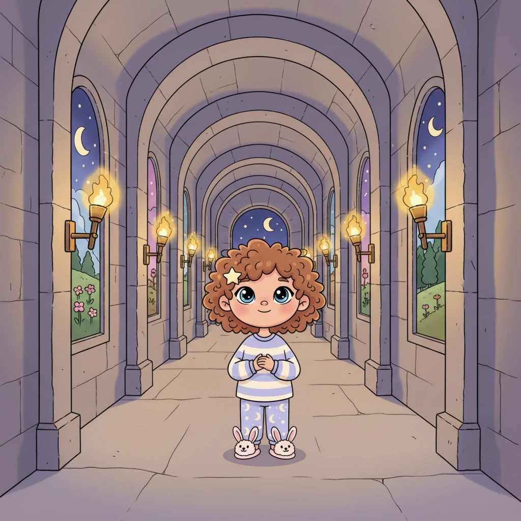 The long stone hallway stretches before you, beautifully lit by the same warm, gentle torchlight from the enchanted sconces. Each archway frames a new, peaceful perspective, inviting you to simply observe and be present in the moment. You walk slowly, without any haste.