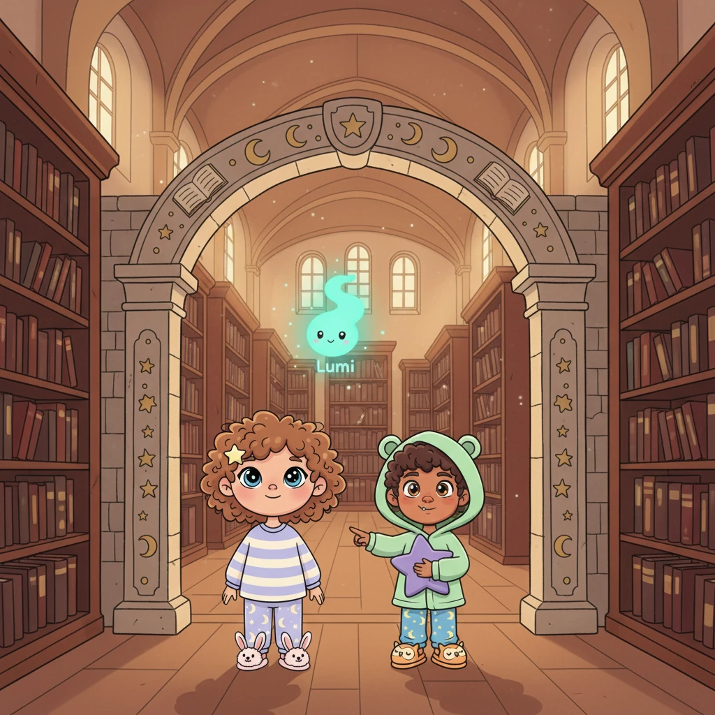 The wisp guides you toward a grander archway, gracefully leading into a spacious, quiet library, a true sanctuary of knowledge. The scent of old books is stronger here, a warm and inviting aroma that feels like a gentle hug. You feel drawn into its serene embrace.