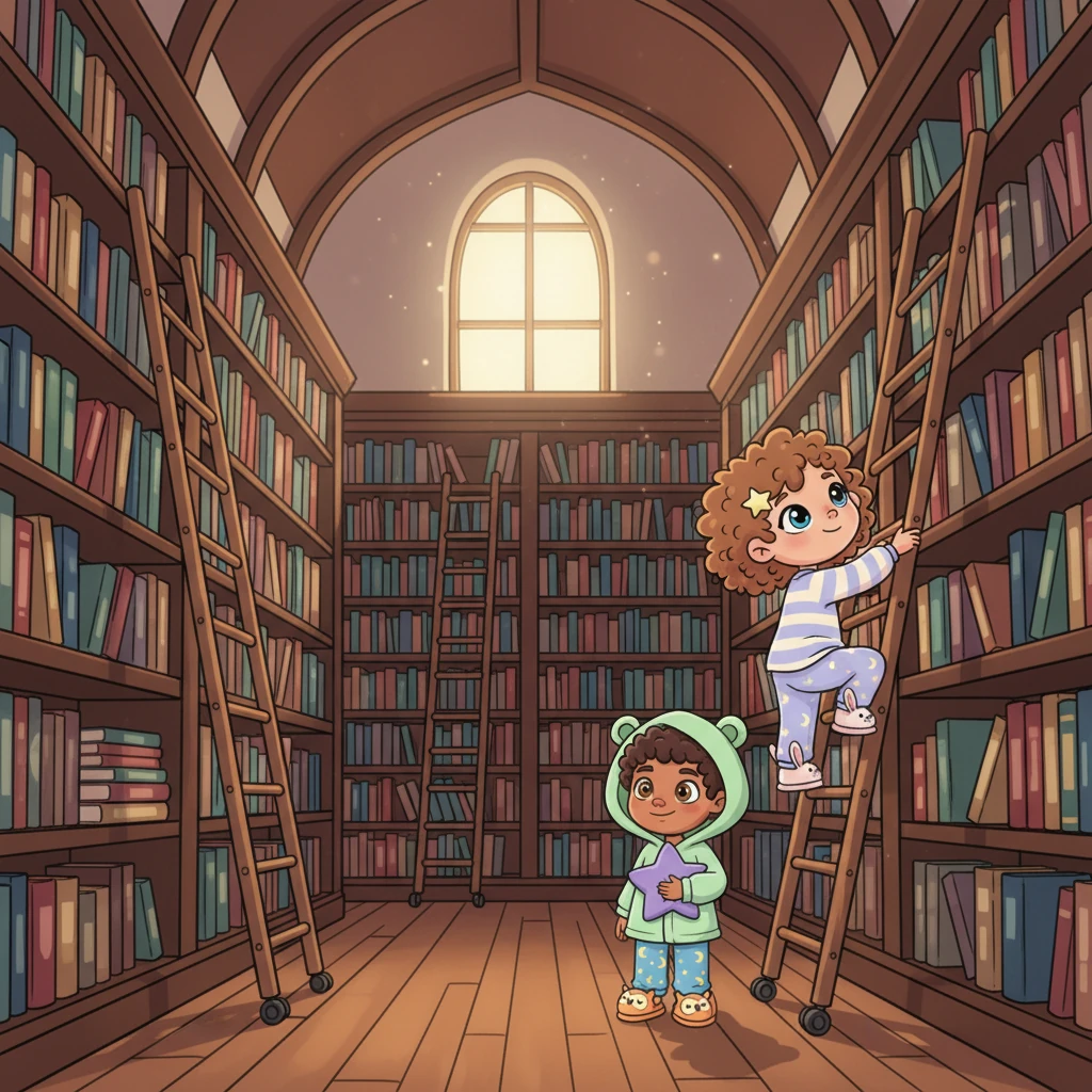 Inside the library, tall wooden shelves reach almost to the high, vaulted ceiling, filled with countless volumes of silent wisdom. Wooden ladders rest against some shelves, waiting patiently for the morning's quiet study, perfectly still. All is quiet, all is still.