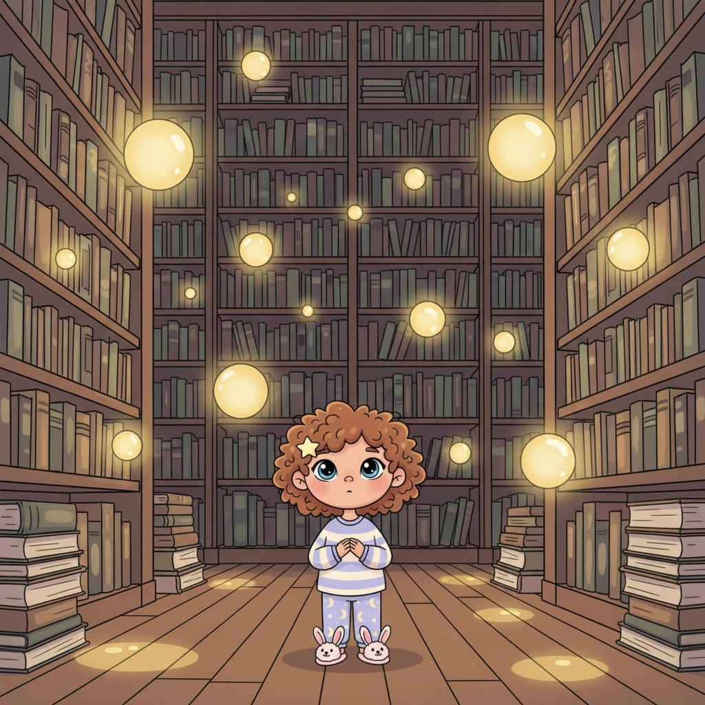 Soft, enchanted globes of light float slowly and gracefully between the towering shelves, casting gentle, dancing pools of illumination on the ancient texts below. They move with an unhurried grace, like silent dancers in a peaceful dream. You watch them drift, mesmerized.