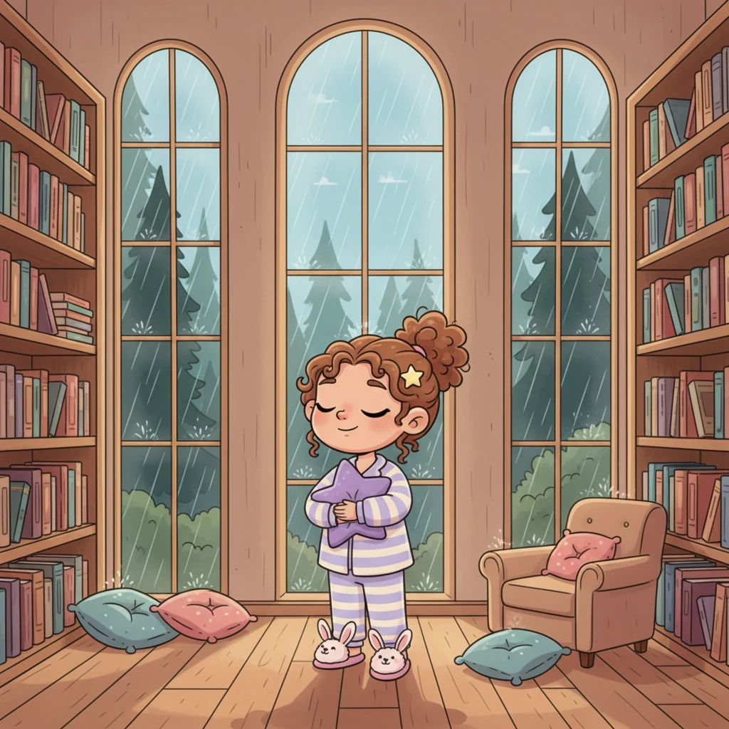 The library is a profound sanctuary of stillness, a place where thoughts can simply rest and find peace. The soft patter of rain against the tall windows here is even more pronounced, a constant, comforting rhythm. You feel completely at peace, completely present.