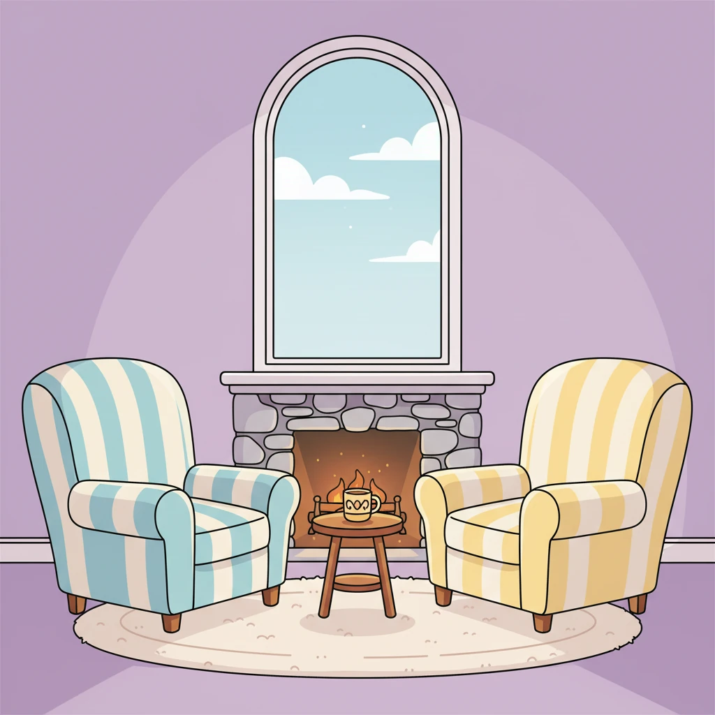 Cushioned chairs, soft and inviting, are arranged comfortably around the hearth, waiting for gentle morning conversations to awaken them. For now, they hold only stillness and the deep, comforting warmth of the fading embers. You feel a deep sense of comfort and belonging.