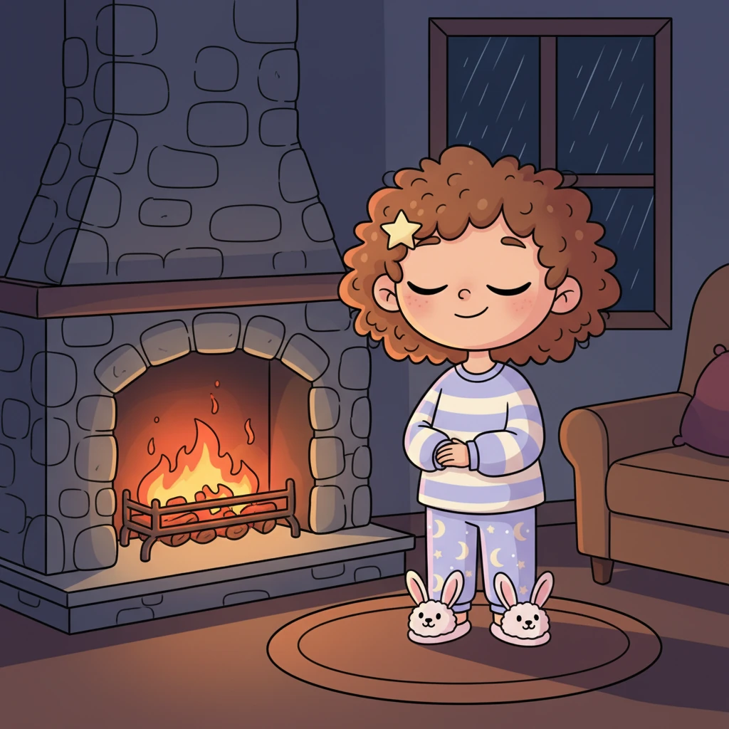 The soft, sleepy glow of the embers pulses gently, a slow, steady heartbeat in the quiet room, echoing the rhythm of your own calm breath. You stand for a moment, simply absorbing the peaceful atmosphere, feeling completely relaxed and content. The rain continues its gentle song outside.