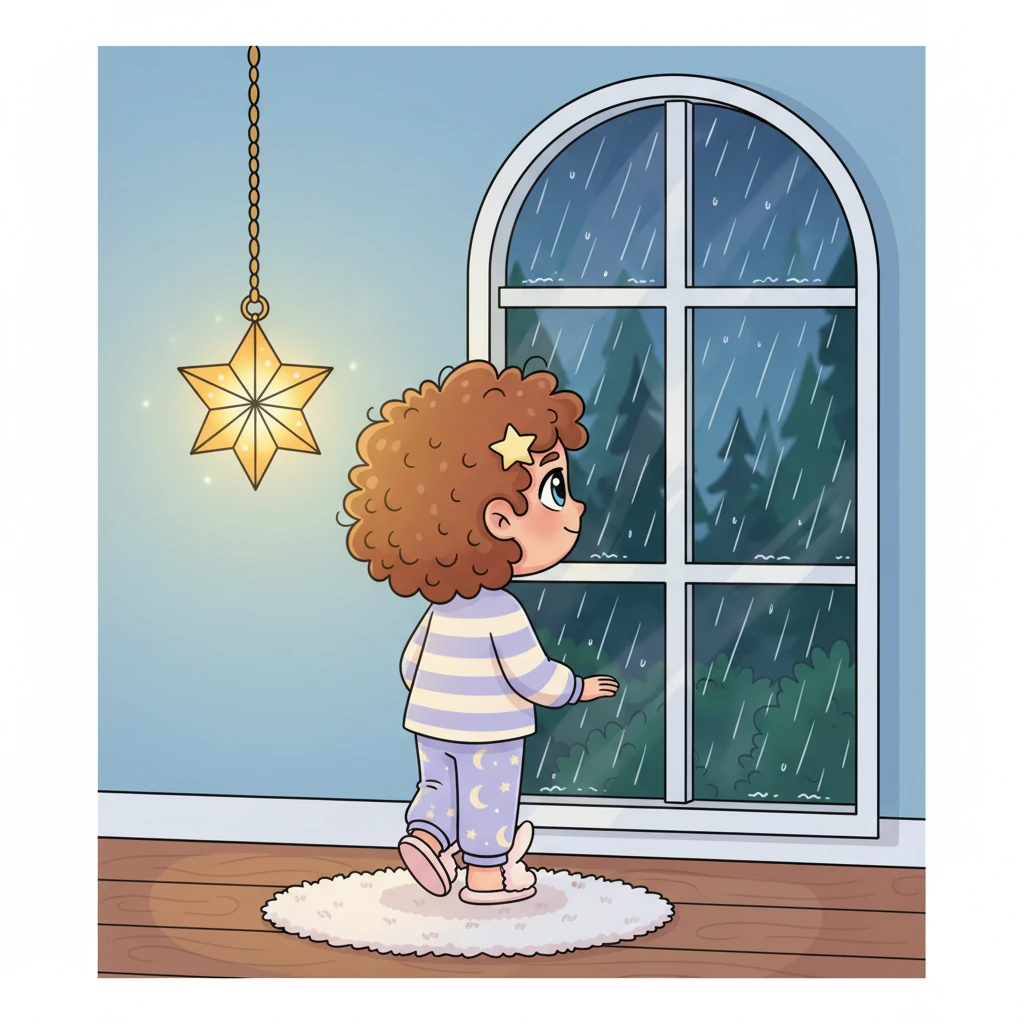 The enchanted lantern in your room glows softly, a steady, comforting presence, like a friendly star. You look at the tall arched window again, watching the rain continue its soft, rhythmic dance. It's a gentle lullaby for the night, just for you.