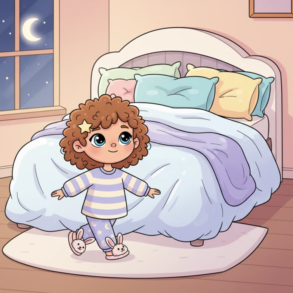 Your bed awaits, soft and inviting, piled high with plump pillows and warm, comforting blankets. It looks like a cloud, ready to cradle you into a peaceful, dream-filled slumber. You feel a gentle, irresistible pull towards its comfort.