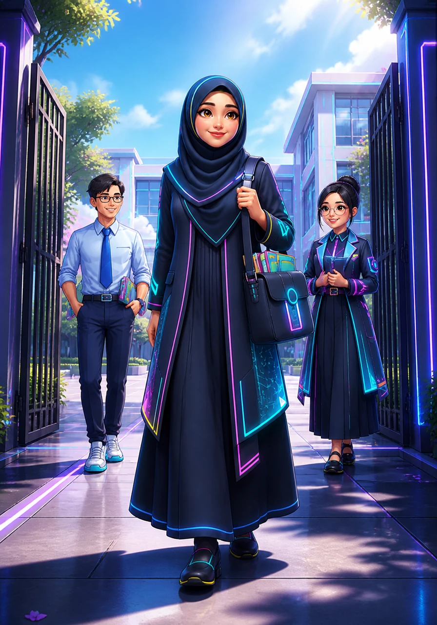 Ustazah Syanina walks through the grand gates of SJKC Yuk Choi under the bright morning sun. Her bag is filled with books, and her heart is brimming with excitement to start a new day in this vibrant school.