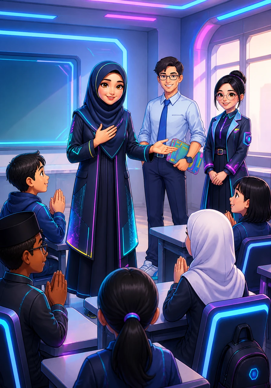 Inside the cheerful classroom, Ustazah Syanina greets her students with a warm and bright smile. Students from various backgrounds respond with respect and eagerness, ready to learn from their beloved teacher.