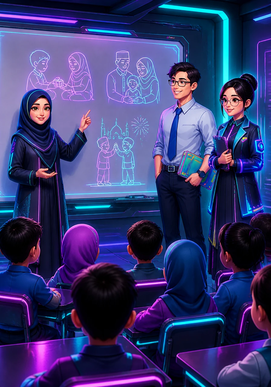 While standing at the whiteboard, Ustazah explains moral values using simple examples that everyone can relate to. She integrates local cultural elements to make the lesson engaging and meaningful for every child in the room.