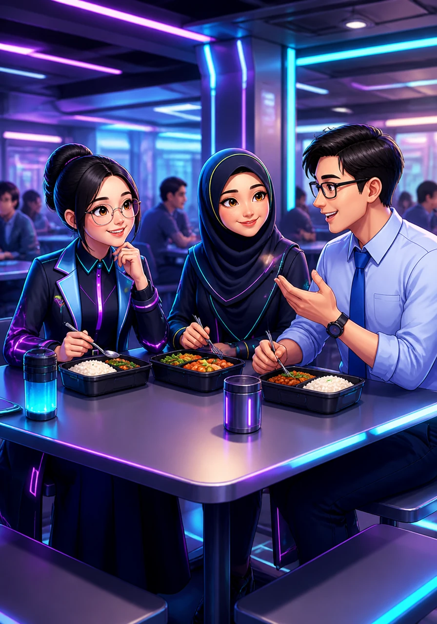 During recess, Ustazah Syanina sits with her colleagues, Cikgu Lim and Cikgu Tan, in the school canteen. They share their lunch and chat happily, reflecting the strong bond of friendship and unity among the teachers.