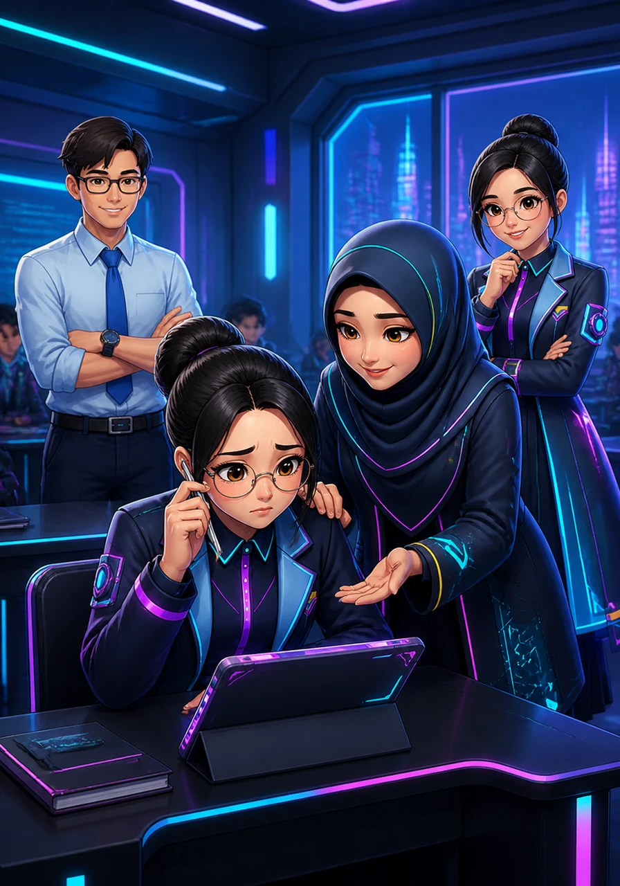 A student looks confused by the lesson, so Ustazah Syanina approaches and guides them with great patience. She offers encouraging words that help the student regain their confidence and feel supported.