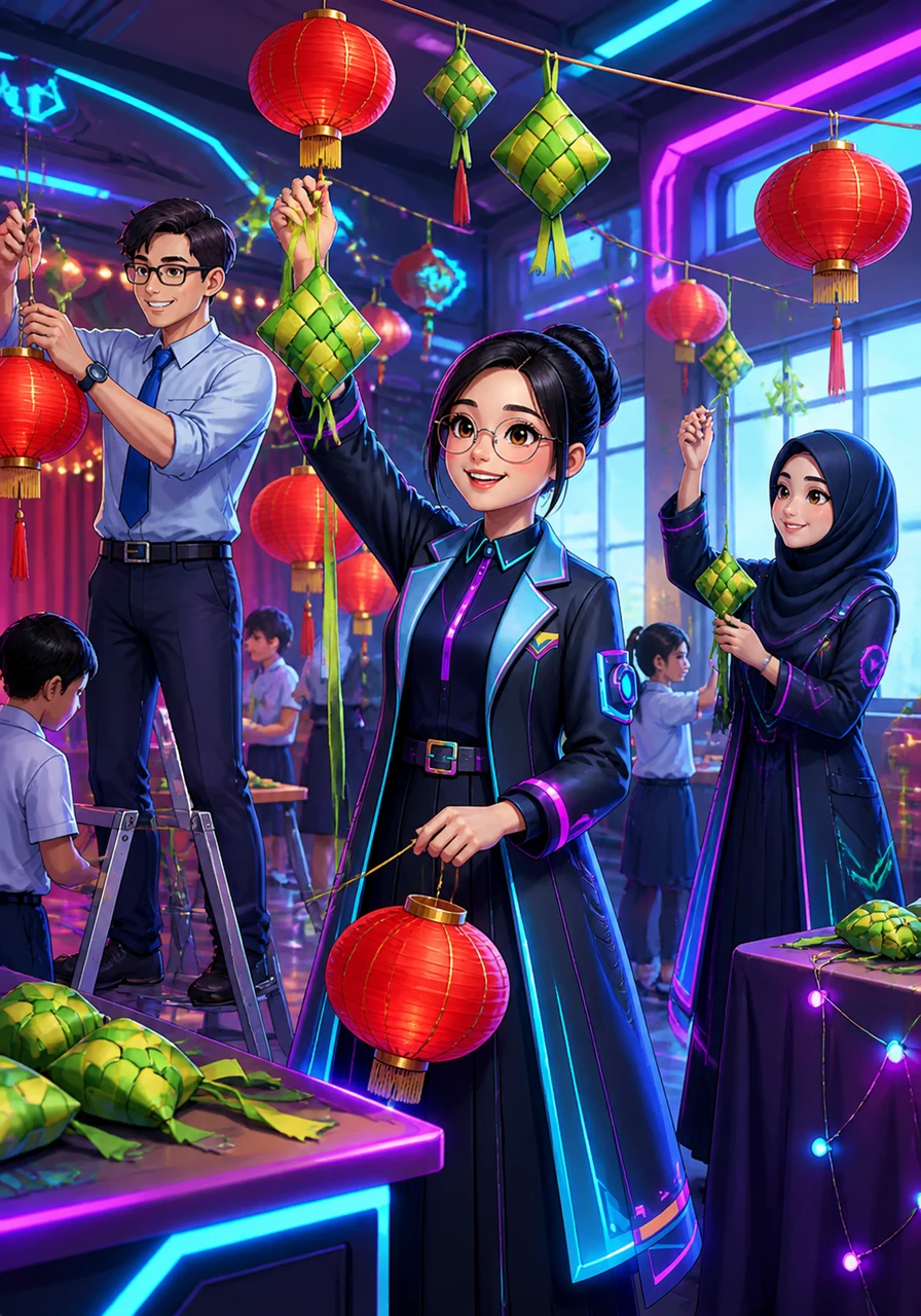 As a cultural festival approaches, Ustazah Syanina works with the students to decorate the hall with red lanterns and decorative ketupat. The school atmosphere becomes vibrant with a beautiful blend of colors and traditions.