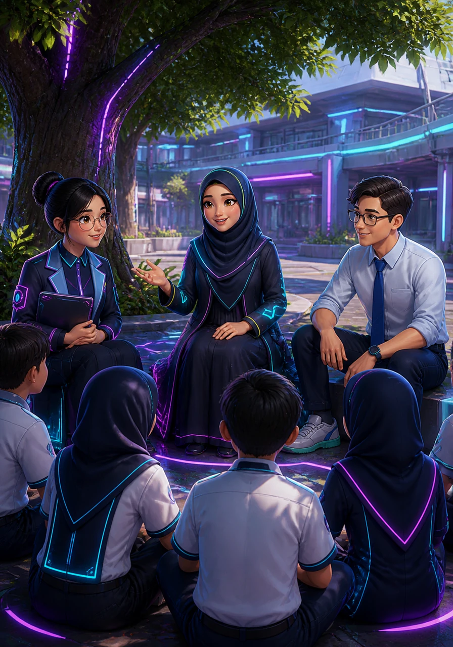 Under a shady tree in the school courtyard, Ustazah tells a story about the importance of helping one another regardless of background. The students listen intently, absorbing the lesson of kindness and mutual respect.