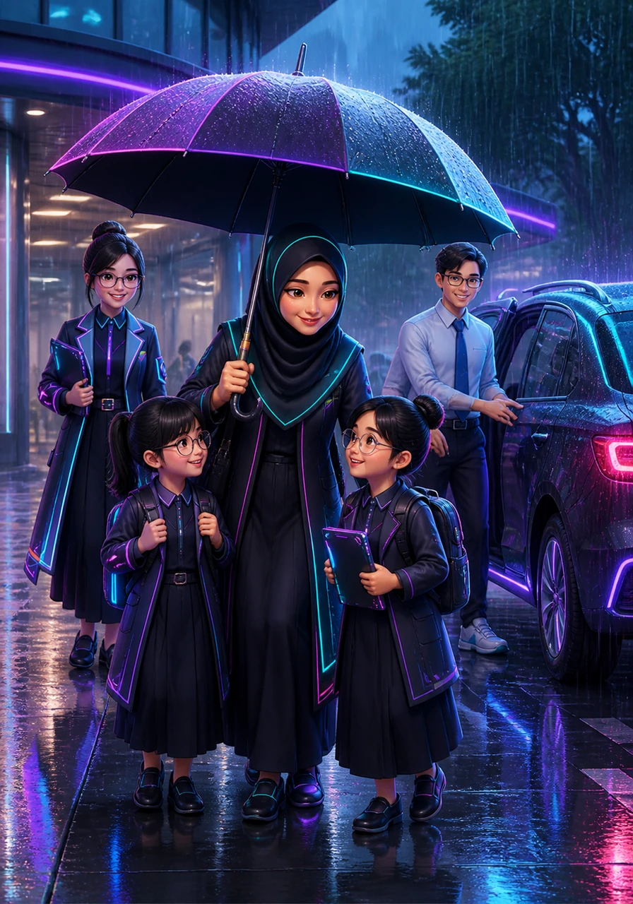 When heavy rain begins to fall, Ustazah Syanina ensures all her students stay dry while waiting for their parents. She kindly shields the younger children with her umbrella as she walks them safely to their cars.