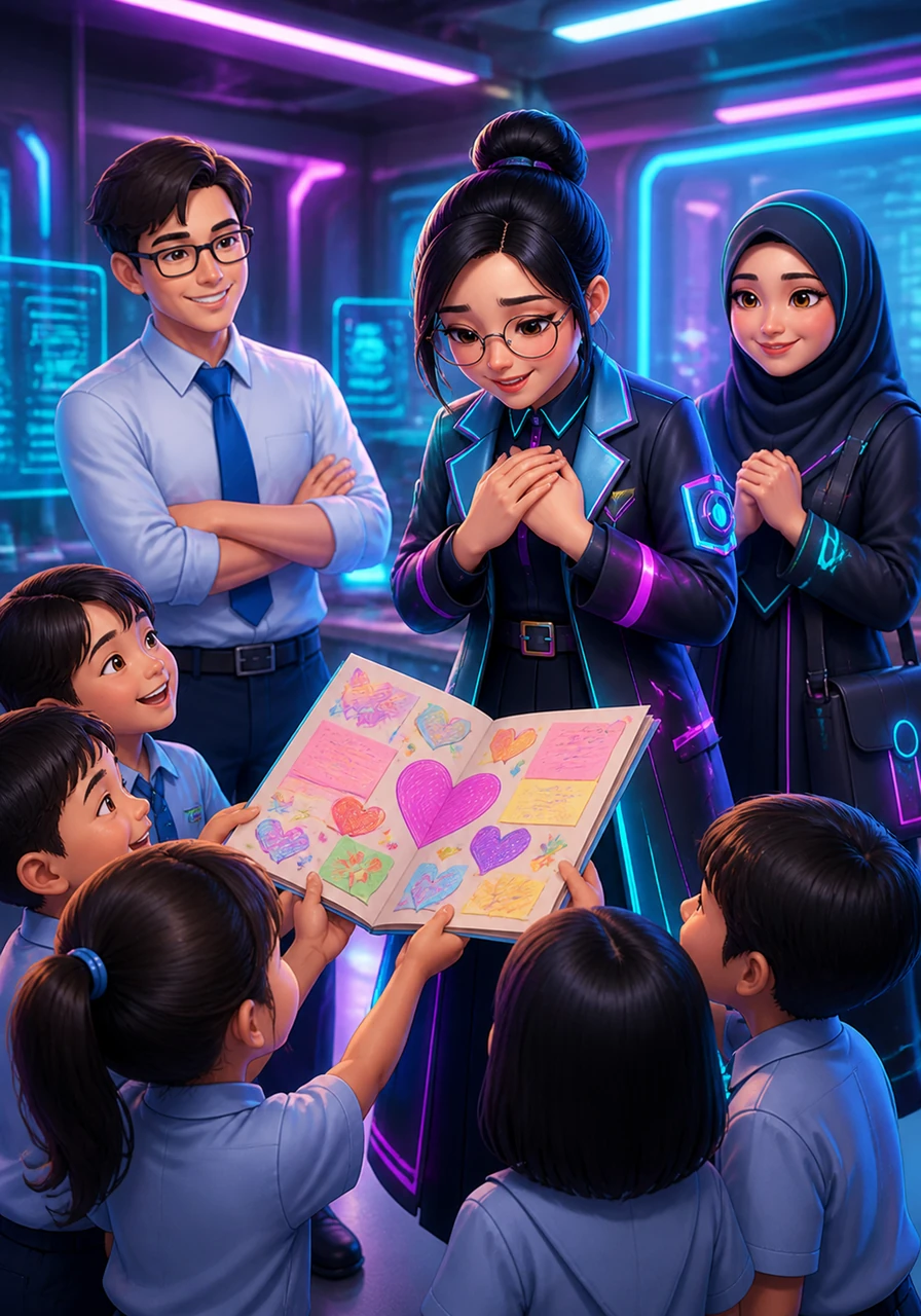 As a token of appreciation, a group of students presents a handmade card filled with colorful drawings and thank-you notes. Ustazah Syanina is deeply moved by the sincere kindness and love of her students.