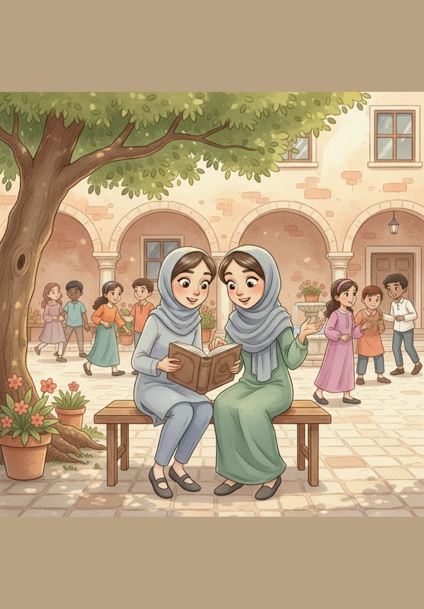 In the sun-drenched school courtyard, Dania and Abeer sit together on a wooden bench, sharing snacks and laughter during their break. The atmosphere is light and cheerful until Zainab approaches them with a mysterious and knowing look in her eyes.