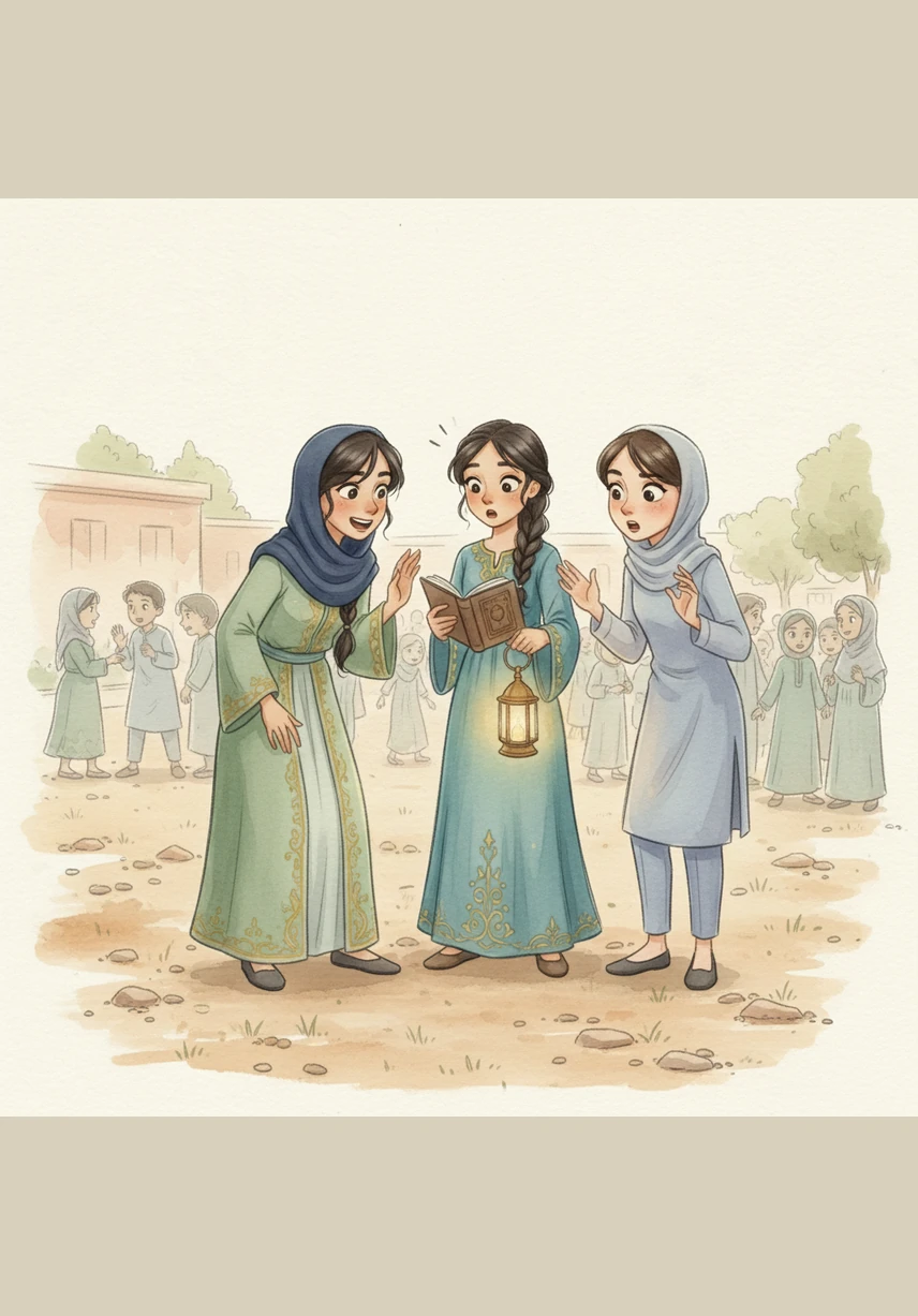 Zainab leans in close to the group and whispers, asking if they noticed that Manar is absent from school today. The girls look around the crowded yard, realizing for the first time that their friend's usual spot is empty.