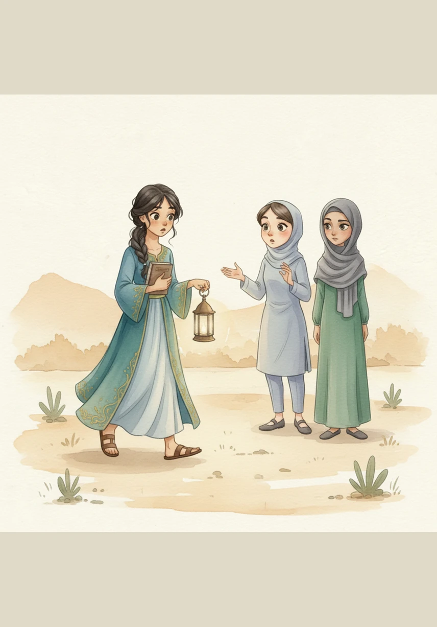 Bashayer walks toward the group, noticing the secretive huddle and the sharp, judging tone of their voices. She stops just a few feet away, her expression calm but observant as she wonders what has captured her friends' attention so intensely.