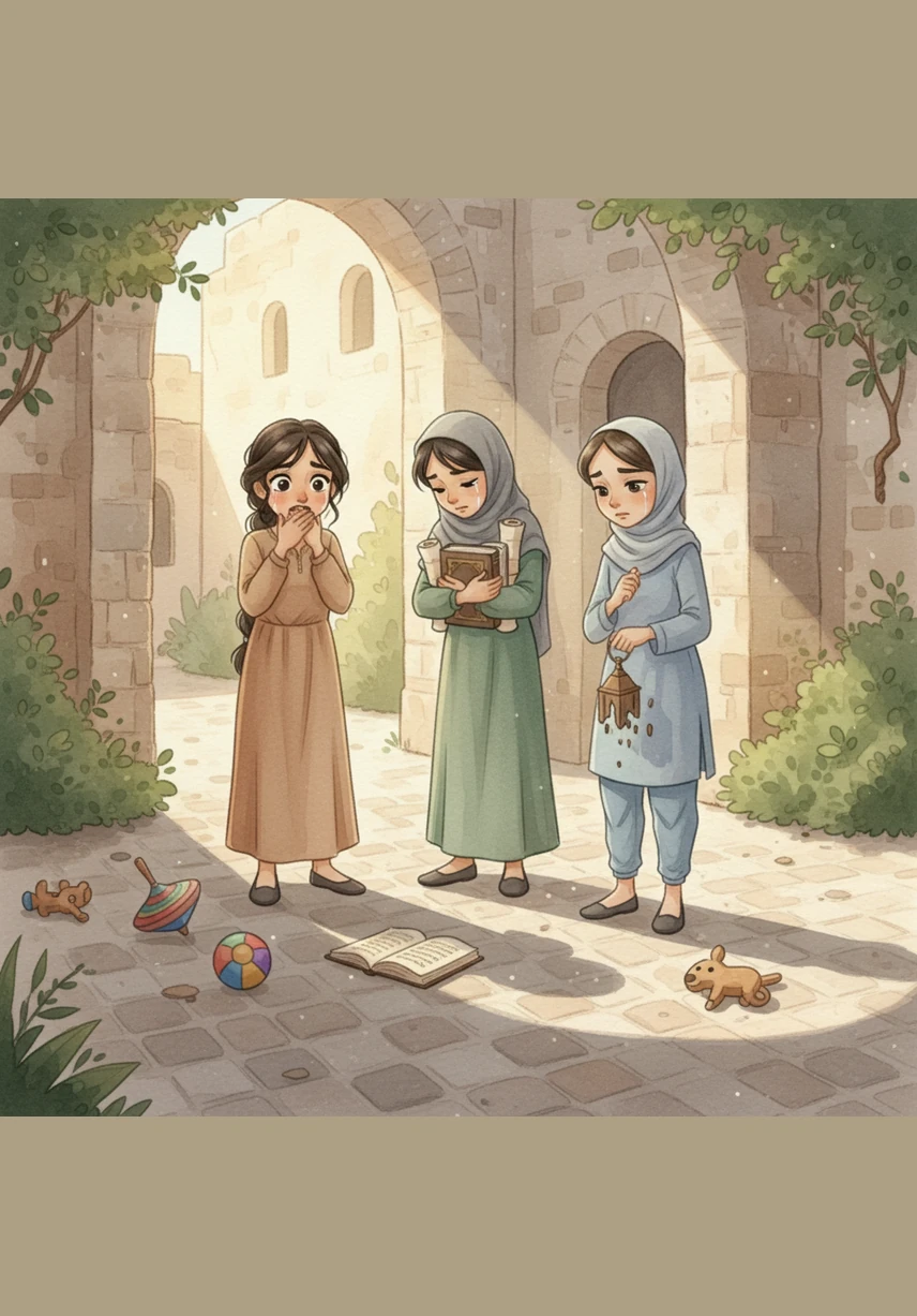 A heavy, sudden silence falls over the courtyard as the girls stop talking and look down at the ground in embarrassment. The realization hits them hard, and the playful atmosphere is replaced by a deep sense of regret and reflection.