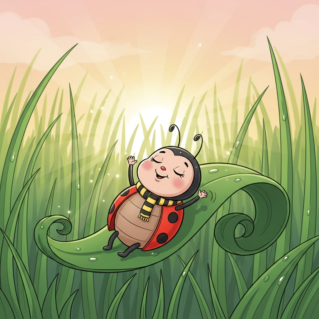 Lulu wakes up on a big green leaf, stretching her little red wings. The sun peeks over the tall grass, painting the world in soft morning light. She wiggles her antennae, ready for a new day.