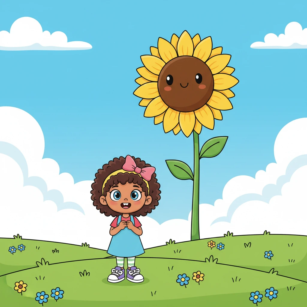 She spots a huge, bright yellow sunflower smiling in the distance. Its petals look like a crown, reaching for the sky. Lulu wonders what it feels like to touch such a happy flower.