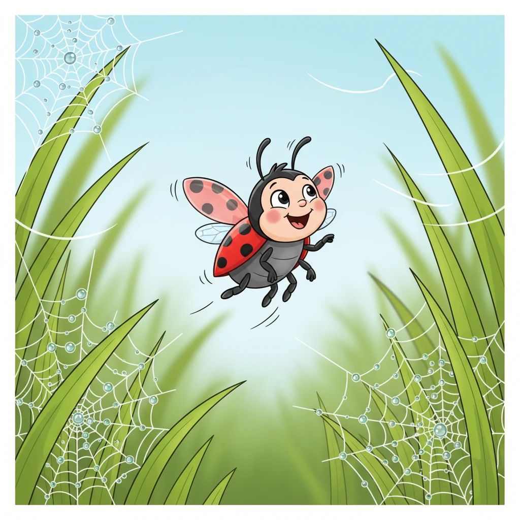 With a tiny flutter, Lulu takes off, her red wings with black spots buzzing gently. She flies past dewdrops sparkling like diamonds on spiderwebs. The breeze tickles her as she glides through the air.
