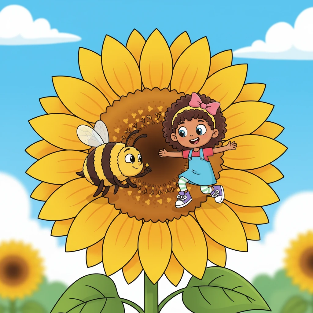 Lulu lands softly on a sunny petal of the sunflower. To her surprise, a busy, fuzzy Bumblebee named Buzz is already there, collecting nectar. Buzz waves a tiny leg in greeting.