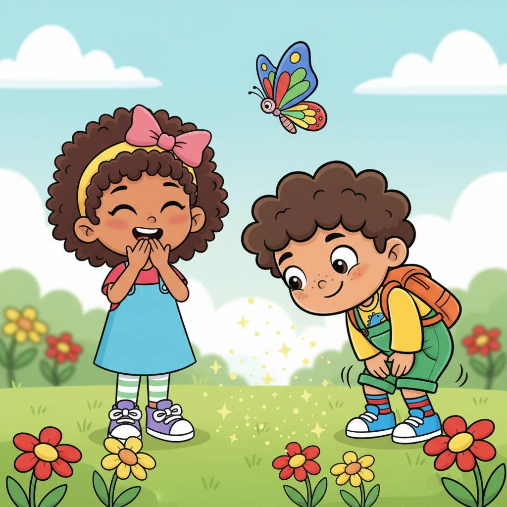 Lulu and Buzz share a sweet moment, giggling as Buzz wiggles his bottom while gathering pollen. They watch a colorful butterfly flutter by, dancing in the warm air. It's fun to have a new friend.