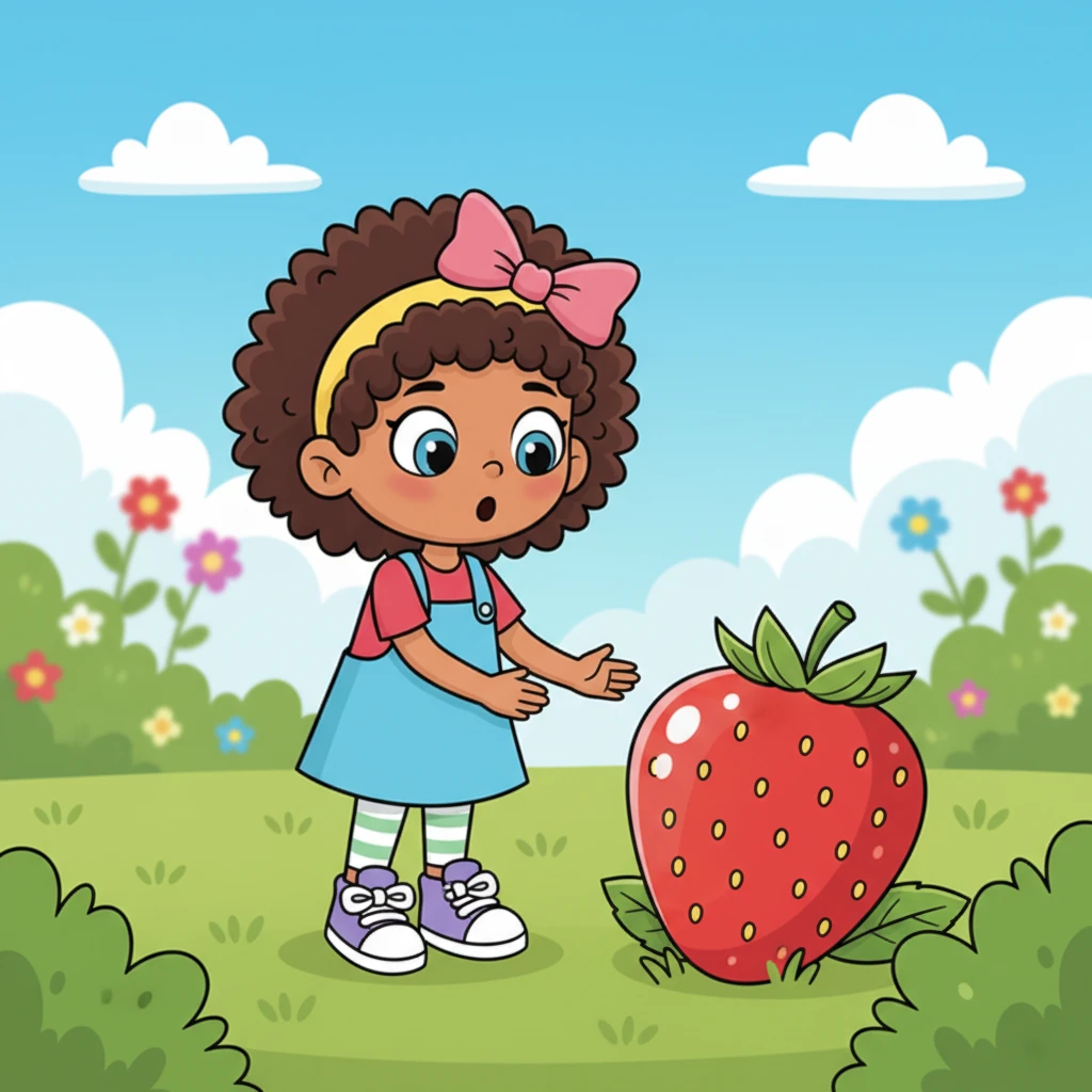 Suddenly, Lulu sees something round and red, glistening near a bush. It looks like a juicy, ripe strawberry, just waiting to be nibbled. Her tummy gives a little rumble.