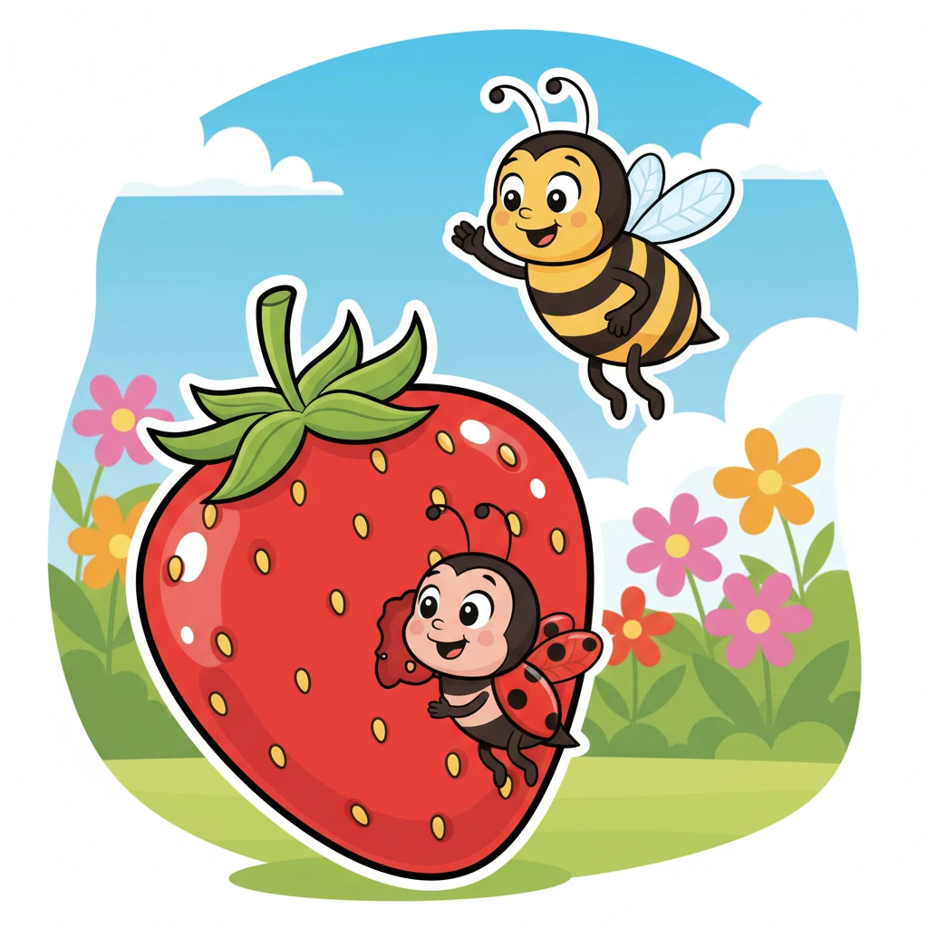 She bids farewell to Buzz and flies down to the strawberry. With a tiny bite, she tastes the sweet, delicious fruit. It's the best treat ever, making her feel full and content.