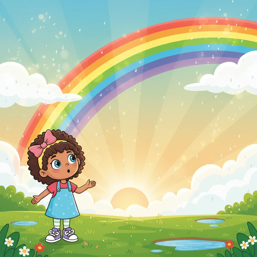 As the afternoon sun begins to dip, a magnificent rainbow arches across the sky after a quick sprinkle of rain. Its vibrant colors glow, a beautiful bridge of light. Lulu watches in awe.