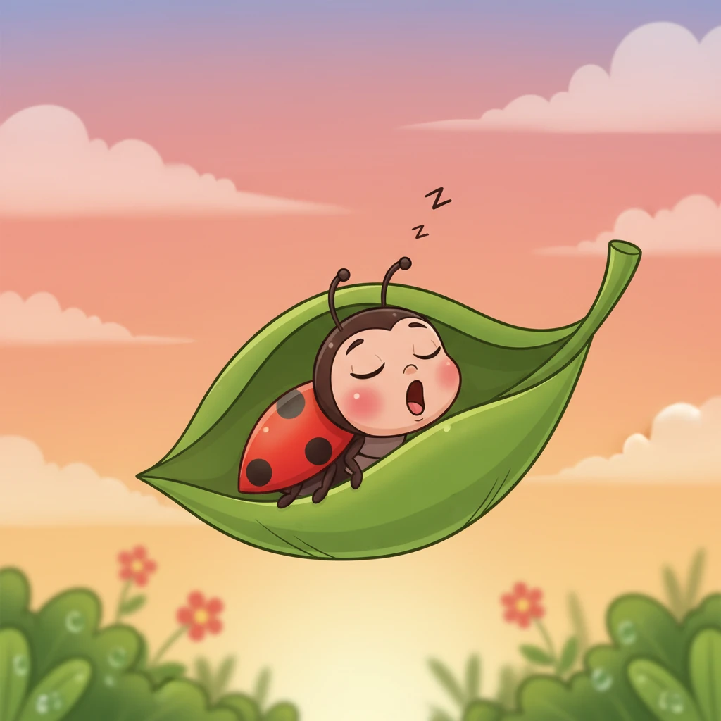 Lulu feels a gentle yawn spread across her face. She finds her way back to her cozy leaf, snuggling down. The sky turns soft orange and pink, a perfect end to her day.