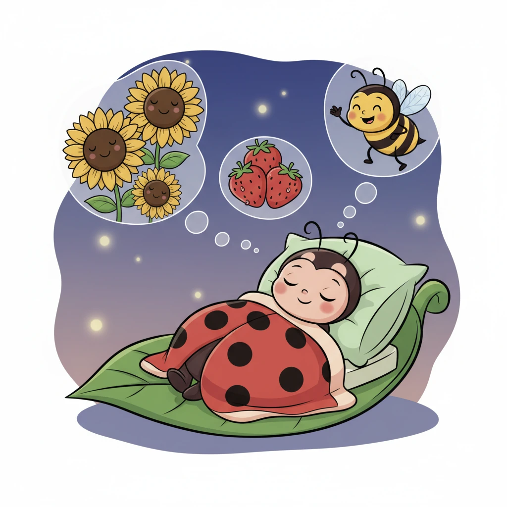 Lulu closes her eyes, dreaming of sunflowers, sweet strawberries, and her new friend Buzz. She drifts off to sleep, happy and warm, ready for more adventures tomorrow.