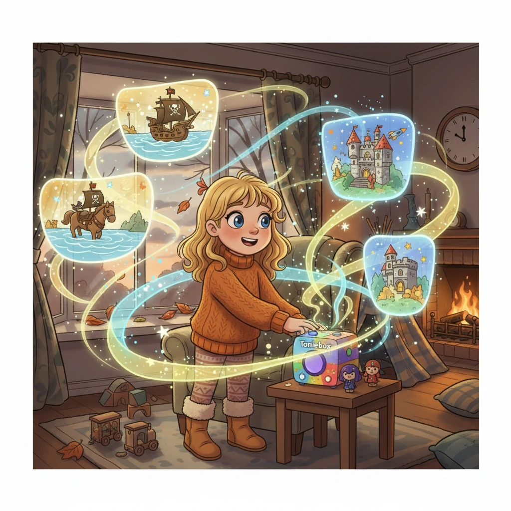 C'est alors que sa boîte à histoires, remplie de Tonies, entrait en scène. D'une simple pression, des aventures extraordinaires commençaient à résonner dans la chambre.