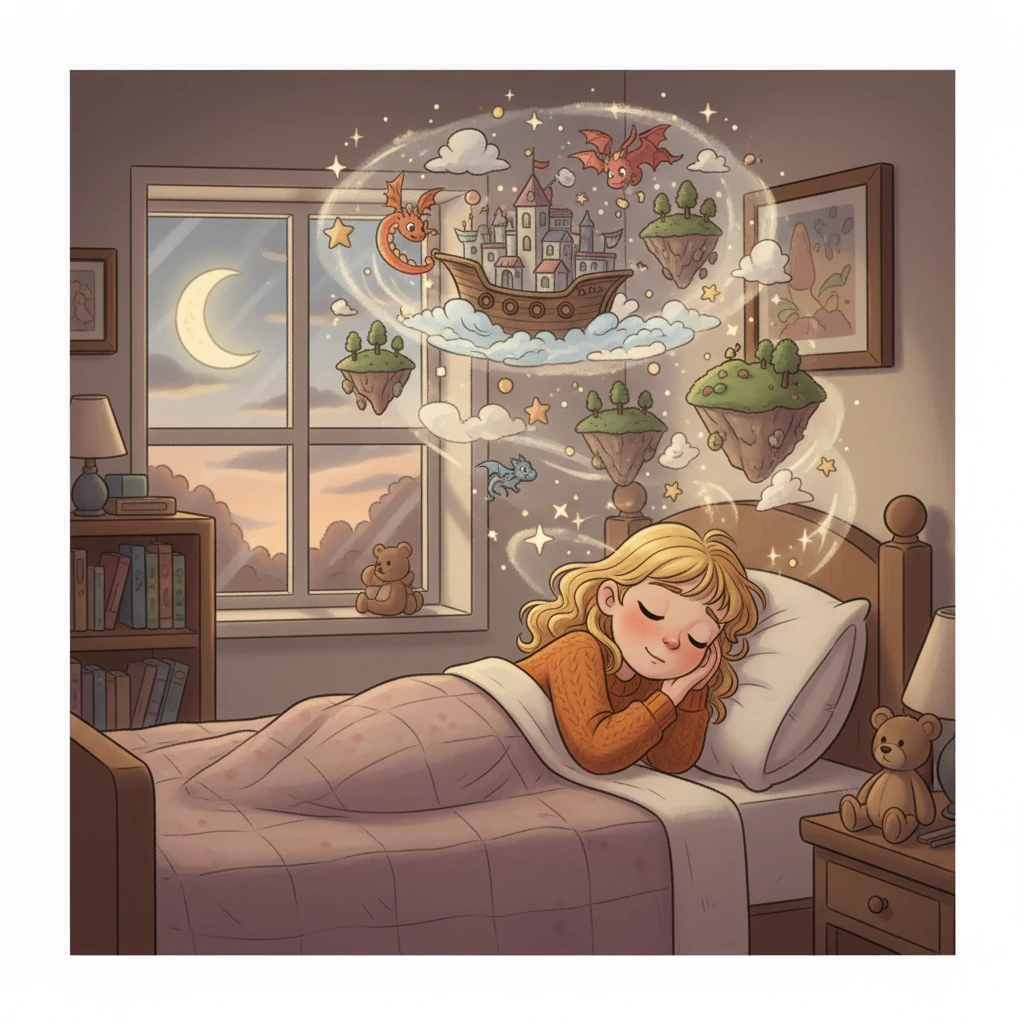 Grâce aux histoires merveilleuses, Lila s'endormait paisiblement chaque soir, emportée dans un monde de rêves où elle imaginait de nouvelles aventures pour le lendemain, impatiente de jouer à nouveau.