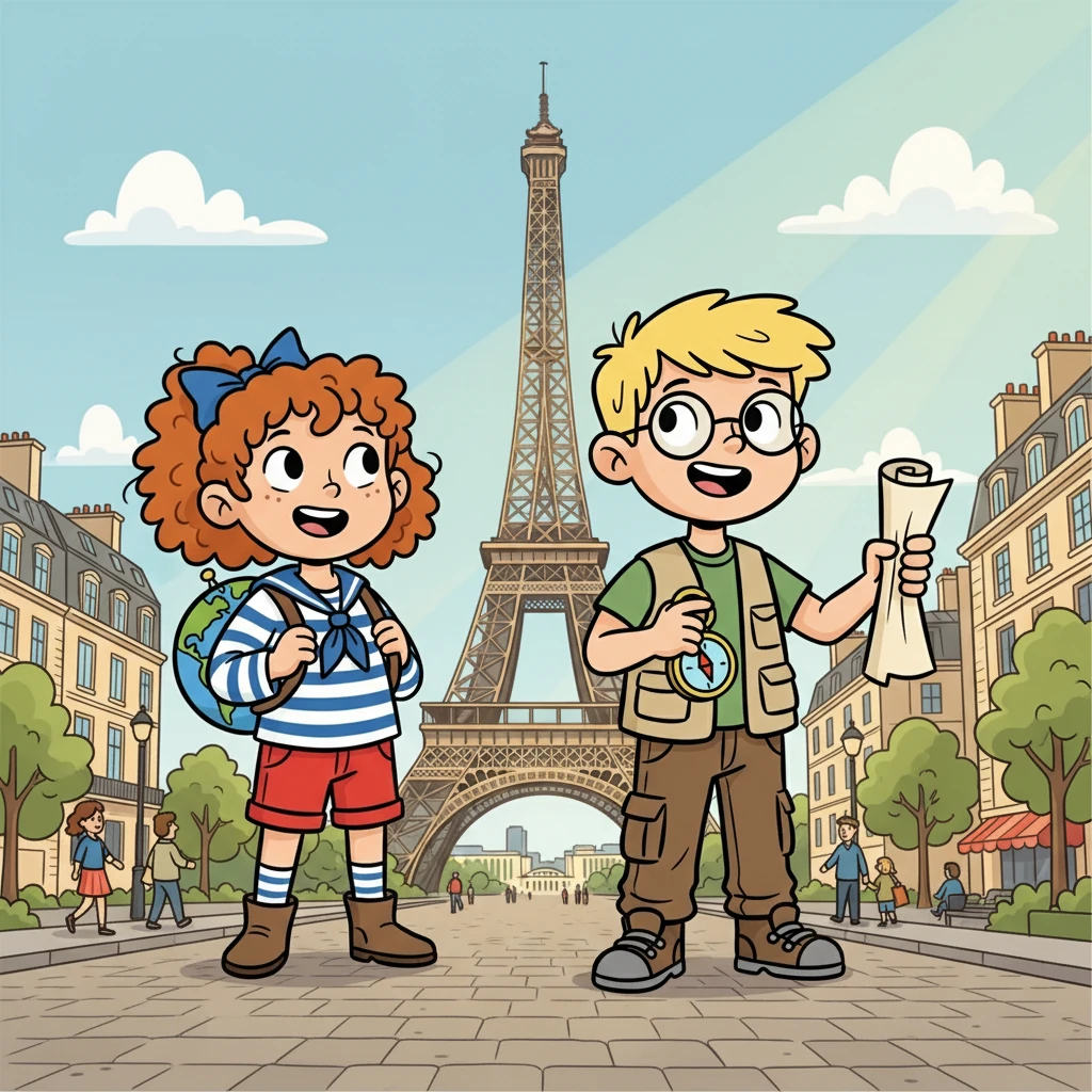 Léa et Théo, âgés de douze ans, se tenaient devant l'imposante Tour Eiffel, les yeux brillants d'excitation. Ils venaient d'arriver à Paris pour leur premier voyage à l'étranger, un rêve devenu réalité. Le soleil brillait sur la ville, illuminant les rues animées et les bâtiments historiques.
