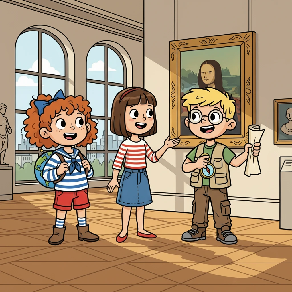 Ils ont rencontré Juliette, une jeune fille parisienne qui leur a fait visiter le Louvre. Ensemble, ils ont admiré la Joconde et exploré les magnifiques galeries d'art. Juliette a partagé des histoires passionnantes sur l'art et l'histoire de la France.
