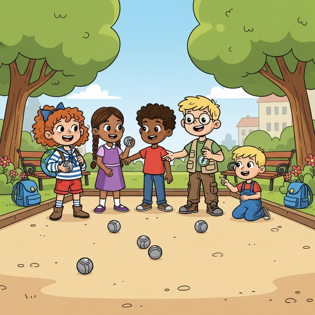 Un jour, ils ont rencontré un groupe d'enfants jouant à la pétanque. Léa et Théo ont été invités à participer, apprenant les règles et partageant des rires et des moments de convivialité. Ils ont découvert l'importance de l'amitié et du partage.