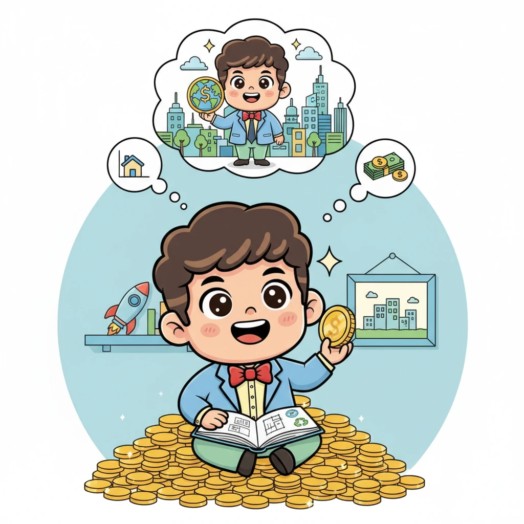 น้องออมสินตัวน้อยนั่งอยู่บนกองเหรียญทองก้อนเล็กๆ ในห้องของเธอ ดวงตาเป็นประกายด้วยความฝันอันยิ่งใหญ่ เธอวาดภาพตัวเองเป็นนักธุรกิจผู้มั่งคั่งที่สร้างสรรค์สิ่งดีๆ ให้โลกใบนี้