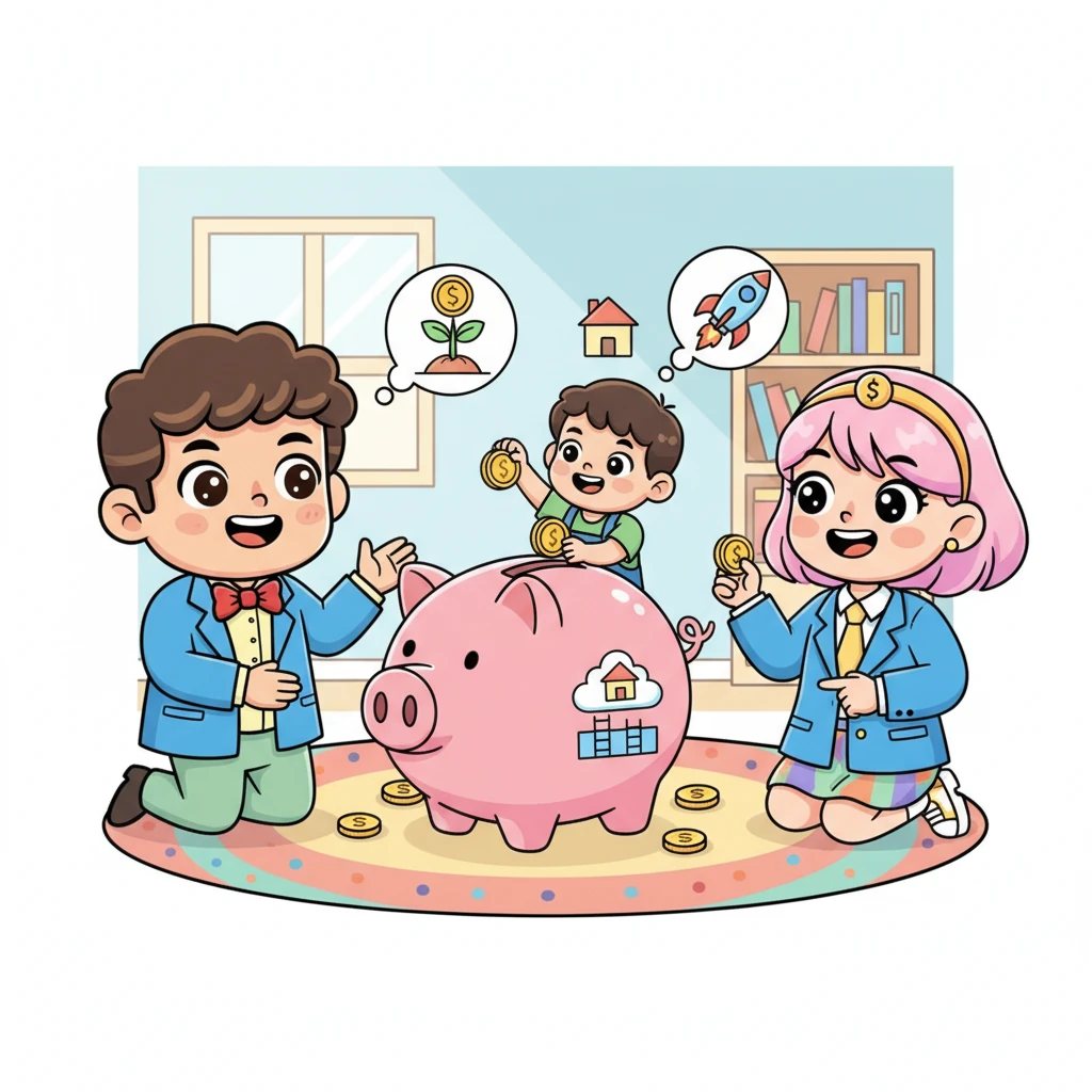 คุณพ่อคุณแม่สอนน้องออมสินเรื่องการออมเงินในกระปุกออมสินรูปหมูสีชมพูตัวโต พวกท่านบอกว่าทุกเหรียญเล็กๆ คือเมล็ดพันธุ์แห่งความฝันที่รอวันเติบโต น้องออมสินตั้งใจหยอดเหรียญทุกวันด้วยความสนุกสนาน