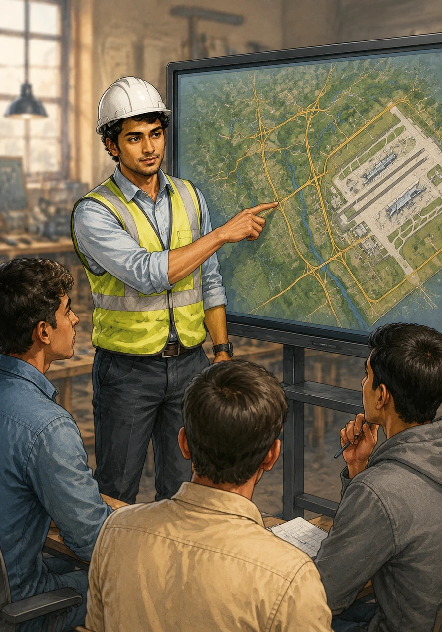 He points to a digital map of Uttar Pradesh, highlighting the massive web of new expressways and the sprawling Jewar Airport. These mega-projects represent a goldmine of local opportunities, ensuring students no longer need to leave their home state for success.