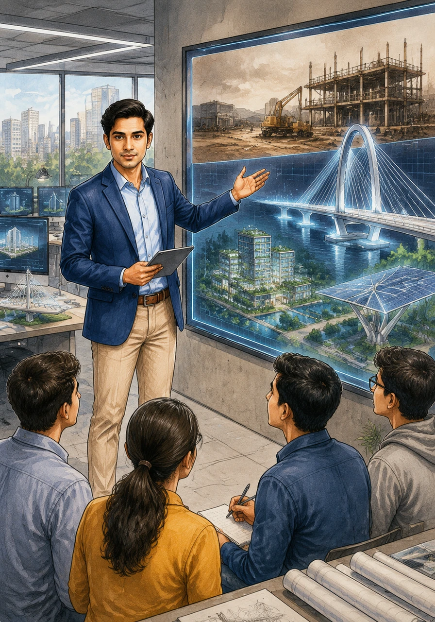 Aryan presents a comparison between the dusty site myth and the reality of modern design offices. He highlights how engineers now spend their time in high-value roles, using advanced software to create climate-resilient and sustainable infrastructure.