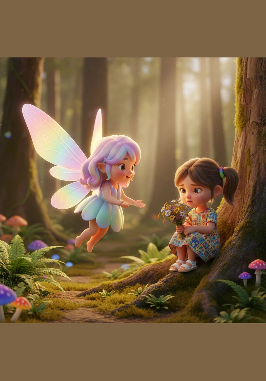 Lila terbang mendekat dan menemukan seorang anak perempuan bernama Rina yang sedang duduk bersedih karena tersesat saat mencari bunga untuk ibunya. Rina merasa takut sendirian di tengah hutan yang luas dan tidak tahu ke mana arah jalan pulang. Dengan senyum paling manis dan cahaya hangat dari sayapnya, Lila menghibur Rina dan berjanji akan membantunya kembali ke rumah.