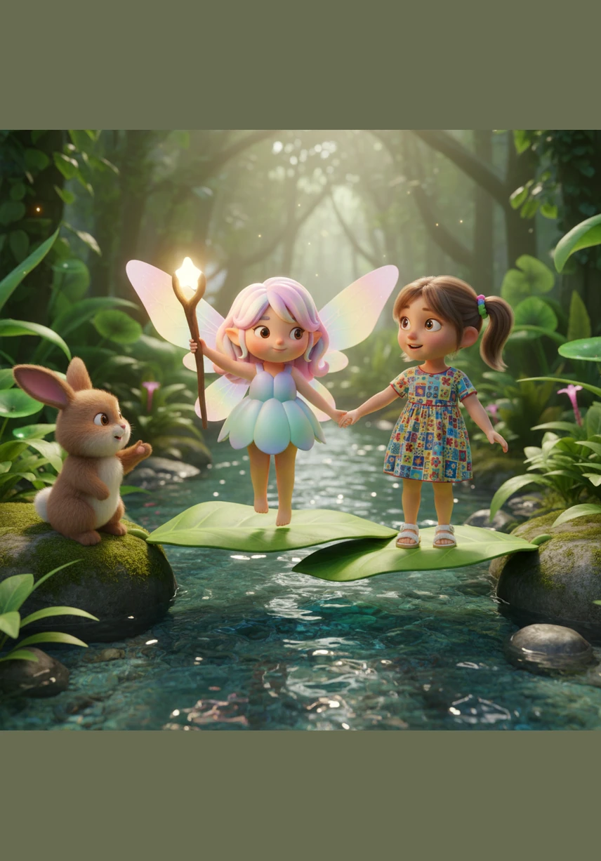 Perjalanan mereka terhenti di tepi Sungai Daun yang airnya jernih, di mana seekor Kelinci Pintar memberi tahu bahwa jembatan daun di sana sedang goyang. Lila segera mengangkat tongkat sihirnya dan merapal mantra ajaib agar daun-daun itu menjadi kuat dan kokoh untuk dipijak. Sambil berpegangan tangan, Lila dan Rina menyeberangi sungai dengan riang gembira tanpa rasa takut sedikit pun.