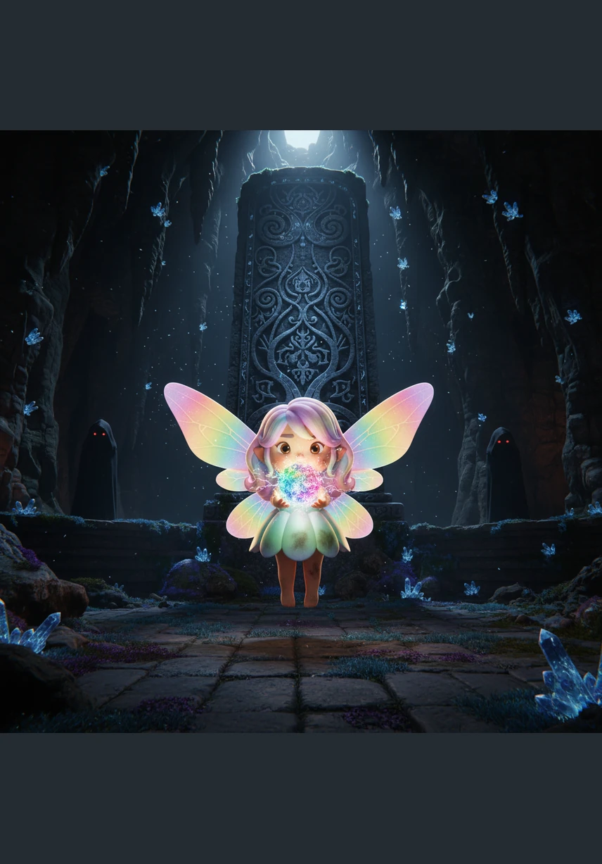 Mereka kemudian sampai di depan Gua Permata yang gelap, namun seekor Burung Bernyanyi menunjukkan jalan masuk yang penuh rahasia. Lila menciptakan bola cahaya ajaib dari telapak tangannya untuk menerangi lorong gua yang dipenuhi batu kristal berwarna-warni. Di dalam sana, Rina menemukan sebuah permata biru yang sangat indah sebagai hadiah atas keberaniannya menjelajahi tempat yang gelap.