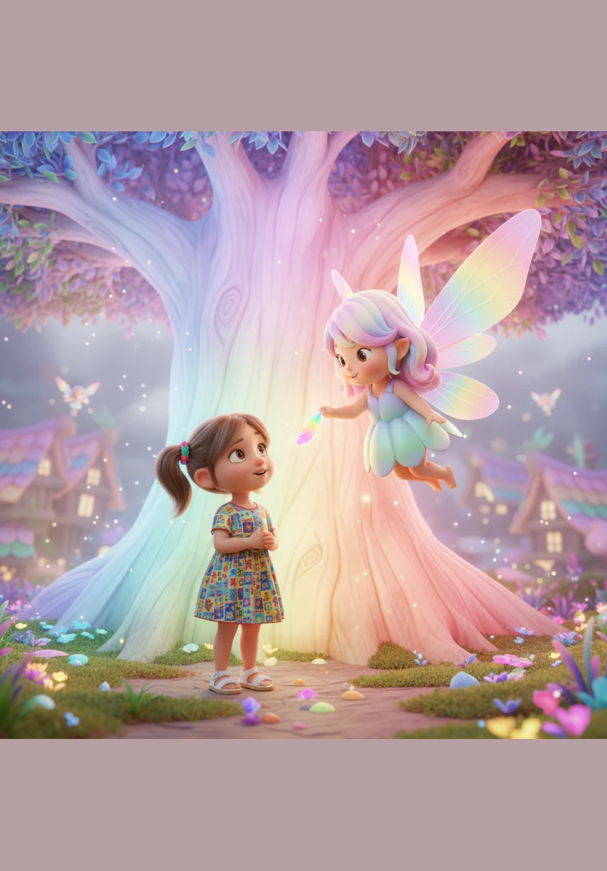 Akhirnya, mereka tiba di bawah Pohon Pelangi raksasa yang merupakan pintu gerbang menuju desa tempat tinggal Rina. Sebelum berpisah, Lila memberikan setangkai bunga abadi yang tidak akan pernah layu sebagai hadiah spesial untuk ibu Rina. Cahaya dari pohon raksasa itu mulai bersinar terang, menunjukkan jalan setapak yang sangat dikenal oleh Rina menuju rumahnya.