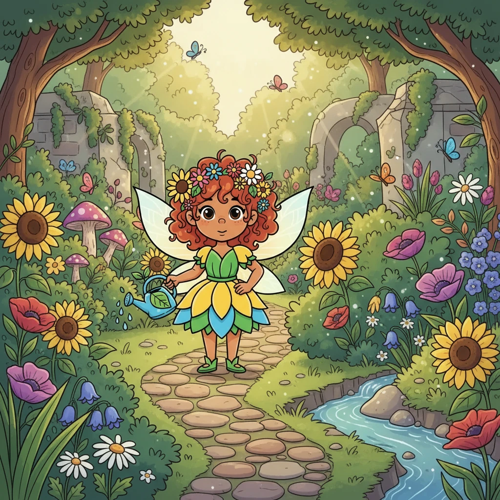 Flora, una niña curiosa con una gran pasión por la naturaleza, se adentra en un jardín secreto. El jardín está lleno de flores de colores vibrantes y plantas exuberantes. Su curiosidad la impulsa a explorar cada rincón, maravillándose de la belleza que la rodea.