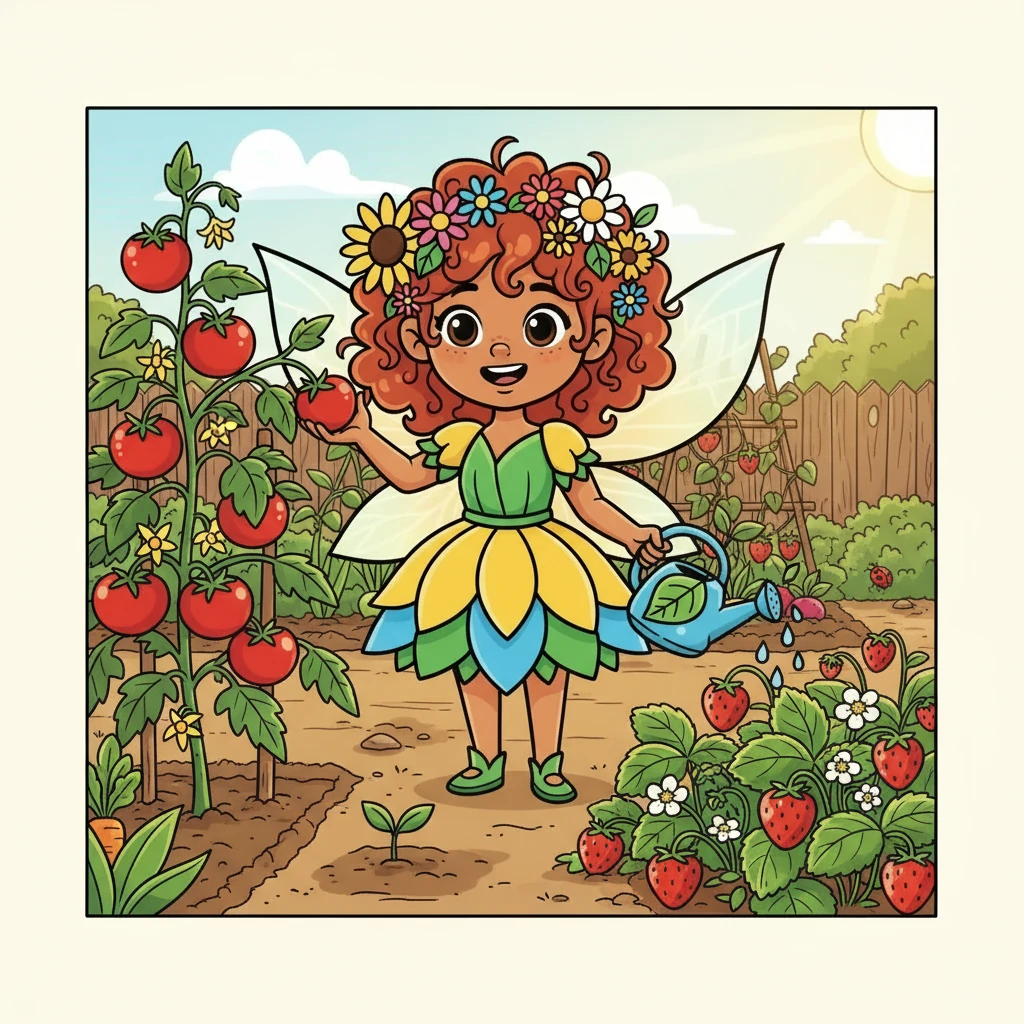 Flora se maravilla con las plantas alimentarias, como los tomates y las fresas, que crecen en un huerto soleado. Aprende sobre el ciclo de vida de las plantas, desde la semilla hasta la cosecha, y la importancia de la alimentación saludable.