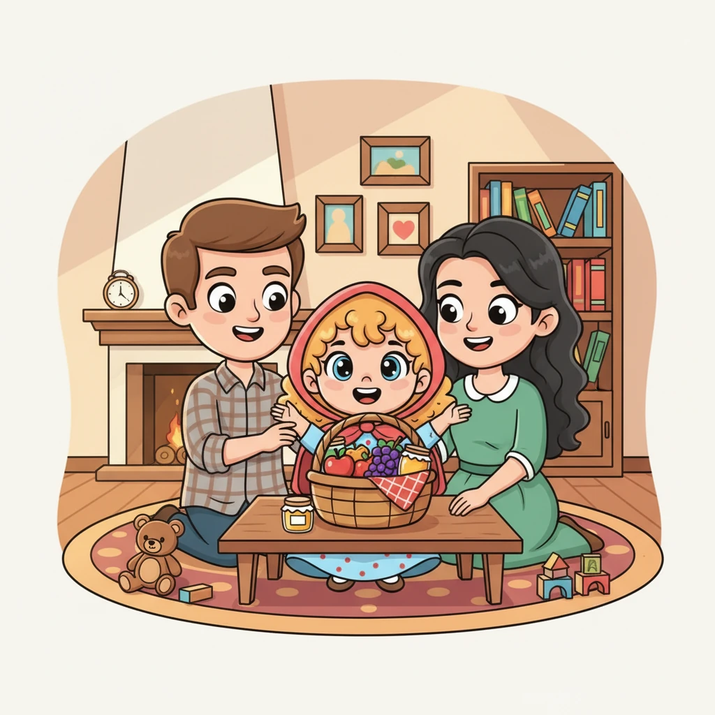 Zoezinha, with her golden curls and sparkling eyes, sat cozily between her loving parents, Jhon and Carla. Their home was filled with warmth and laughter as they talked about a special surprise. On the table sat a vibrant, colorful basket, brimming with delicious treats for Grandma.