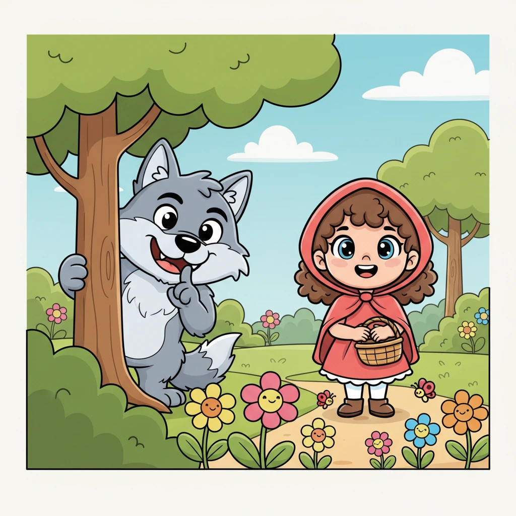 As Zoezinha strolled, admiring the bright flowers and little critters, a friendly, fluffy wolf named Zeca peeked out from behind a tree. Zeca had a mischievous glint in his eye and a big, sweet-loving grin. He decided a little playful prank would be fun.